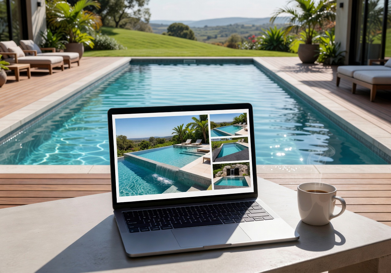 Browsing pool design catalog on laptop