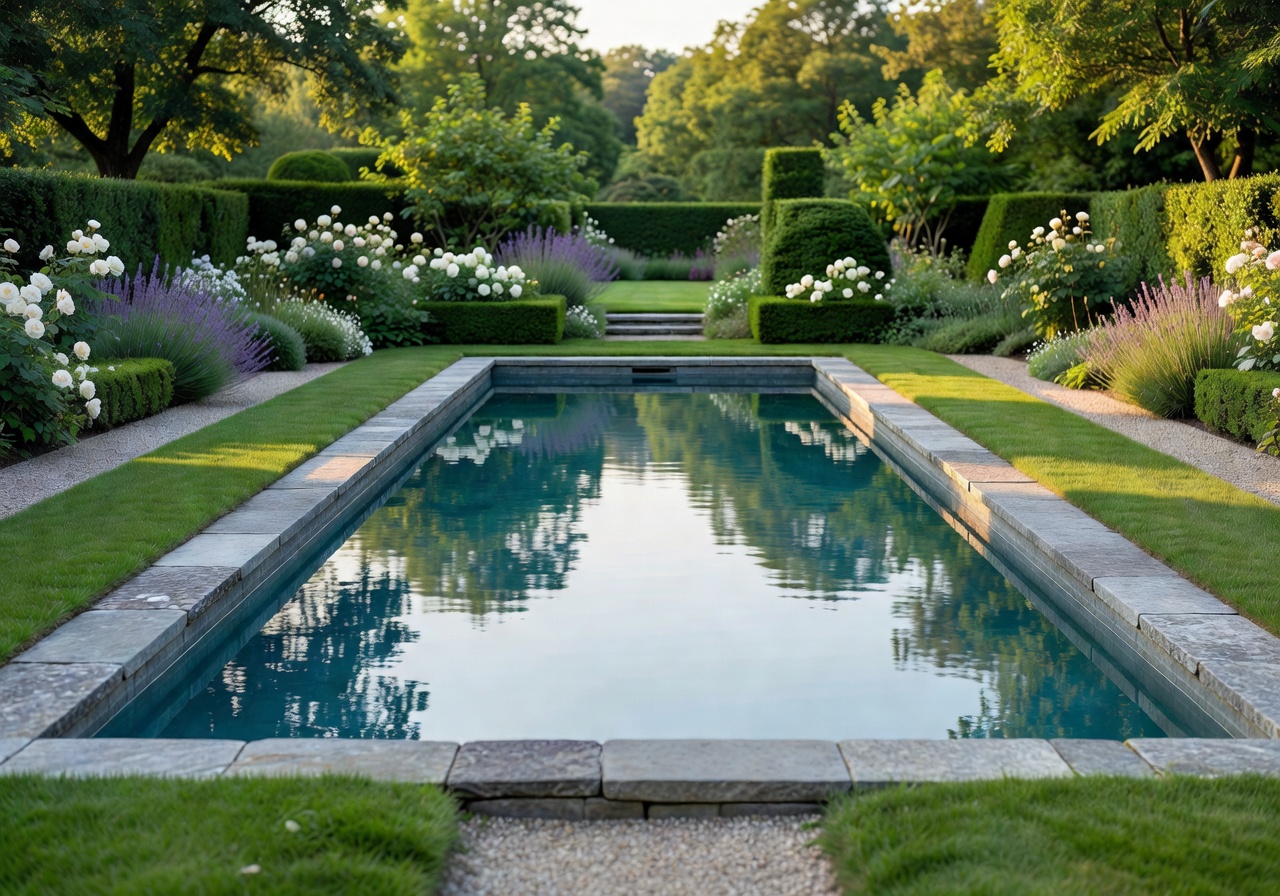 Elegant garden swimming pool with stone borders