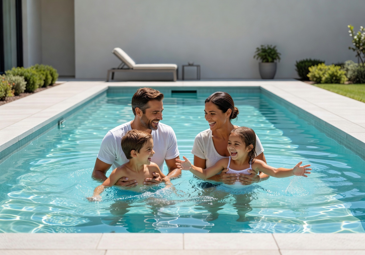 Family enjoying finished backyard pool