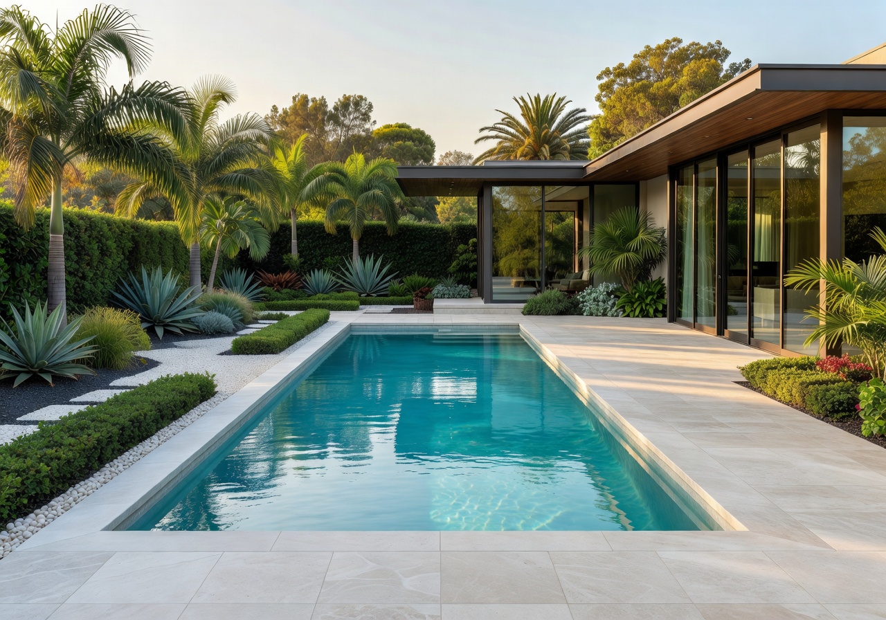 Luxury backyard with modern home pool and garden
