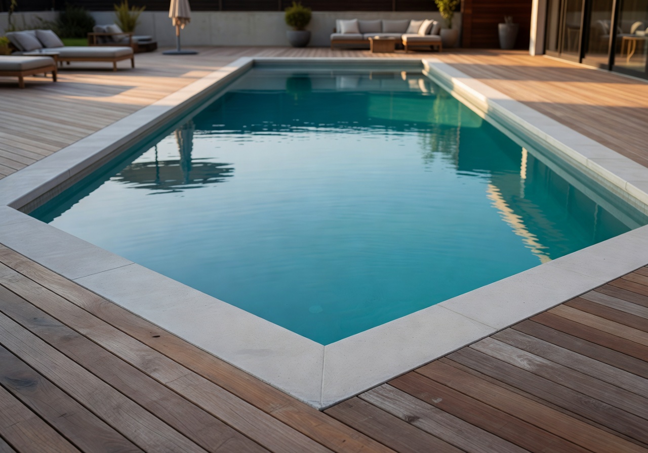 Modern rectangular backyard pool with wooden deck
