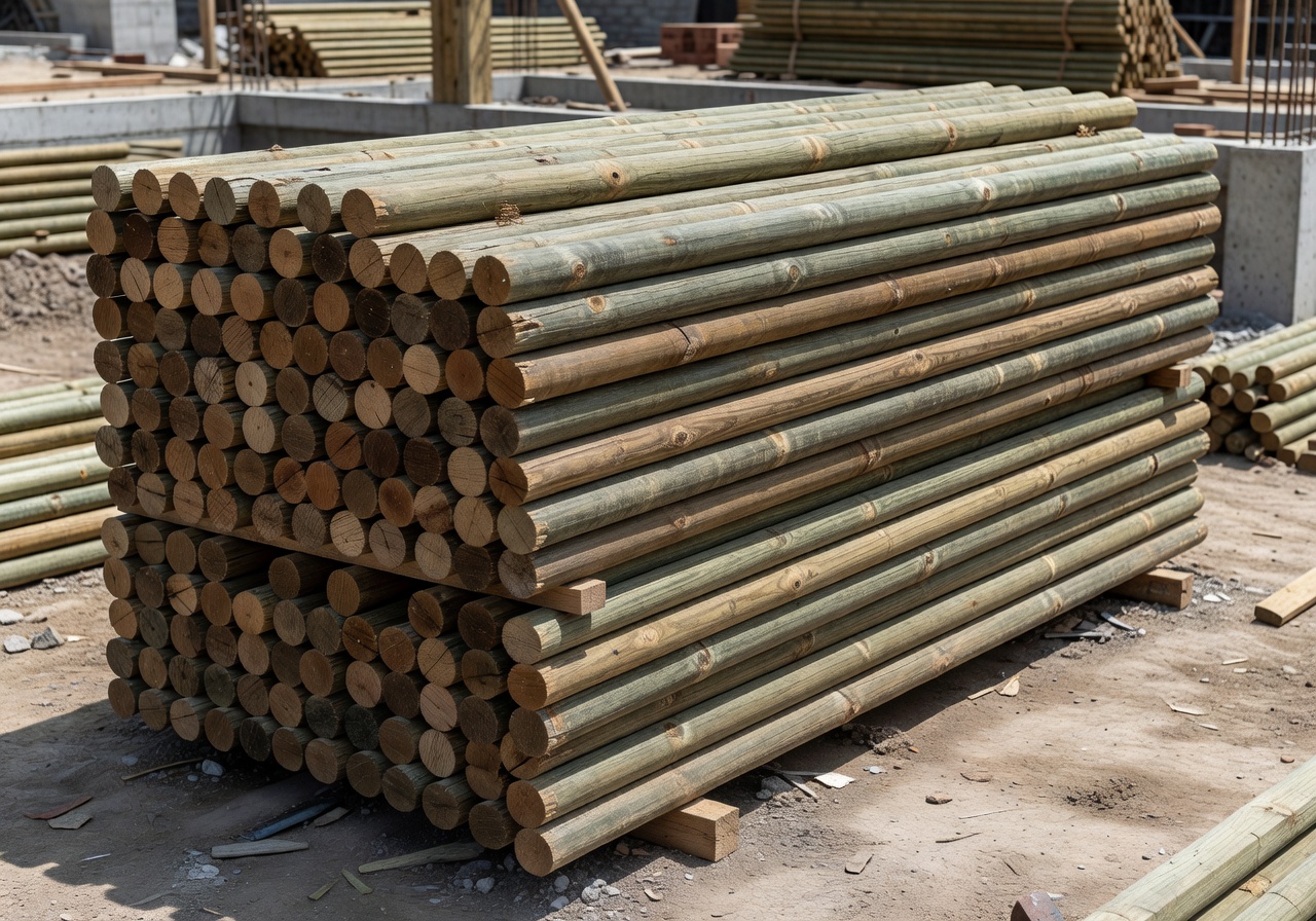 Treated wooden rods stacked for construction